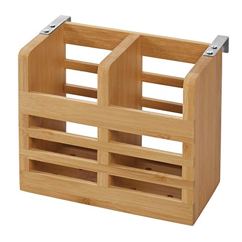 iDesign 43400 Besteckkorb für die Küchentheke, den Schrank oder Esstisch, kleiner Besteckkasten aus Bambus, tragbarer Korb mit 2 Fächern für Silberbesteck, beige von InterDesign