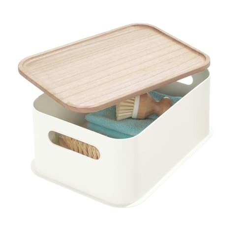 iDesign Aufbewahrungsbox, mittelgroße Aufbewahrungskiste mit Griffen aus BPA-freiem, recyceltem Kunststoff, Organizer Behälter mit Deckel aus Paulownia-Holz, weiß, Polypropylen,13,6x21,6x30,5cm, 08611 von InterDesign