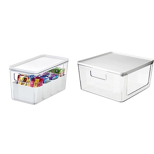 iDesign Aufbewahrungsbox mit 4 Trennboxen, weiß + Aufbewahrungsbox mit Frontöffnung und Deckel, durchsichtig und weiß, Vorratsbehälter by Rosanna Pansino, Plastikboxen aus recyceltem Kunststoff von InterDesign