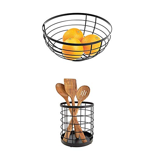 iDesign Austin Obstschale im offenen Design, runder Obstkorb aus Metall, Mattschwarz + Küchenutensilienhalter für die Arbeitsfläche, runder Besteckhalter aus Metall, Küchen Aufbewahrung, Mattschwarz von InterDesign