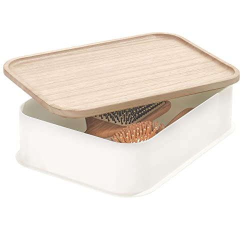 iDesign Eco Schubladenbox, mittelgroße Regalbox aus BPA-freiem, recyceltem Kunststoff, Schubladen Organizer Box mit Deckel aus Paulownia-Holz, weiß, 8,7 x 21,6 x 30,5 cm, 08541 von InterDesign