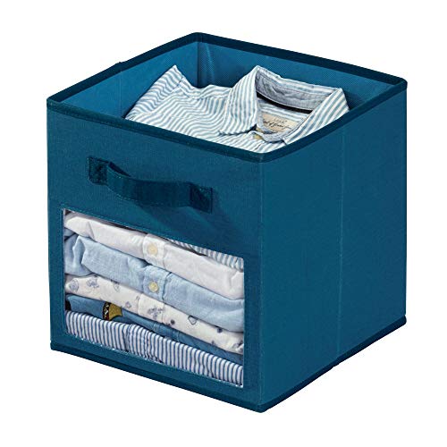 iDesign Stoffbox, kleine Aufbewahrungsbox aus Baumwoll-Polyester-Mischung für Schrank, Schlaf- und Kinderzimmer, faltbare Ordnungsbox mit 2 Griffen und Sichtfenster, blau von iDesign