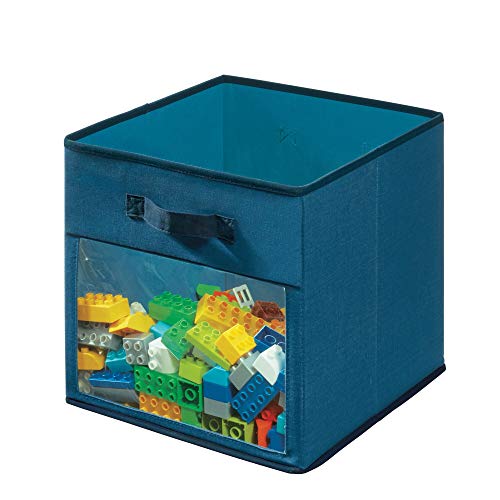 iDesign Stoffbox, mittelgroße Aufbewahrungsbox aus Baumwoll-Polyester-Mischung für Schrank, Schlaf- und Kinderzimmer, faltbare Ordnungsbox mit 2 Griffen und Sichtfenster, blau von InterDesign