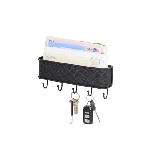 iDesign corbeille à courrier, petit rangement mural en métal et plastique à 5 crochets pour clés ou laisses, module de rangement pour courrier et post-its, noir von InterDesign