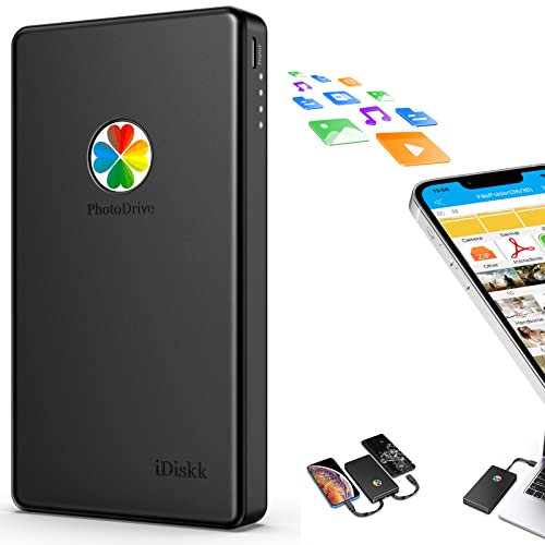 iDiskk 2 TB (2000 GB) Externe Lightning-iPhone-Festplatte, MFi-Zertifiziert, 3-in-1 mit 3 integrierten Kabeln, tragbare Festplatte, USB-C-Festplatte für iPhone/iPad/Mac/PC und Typ-C-Handys (schwarz) von iDiskk