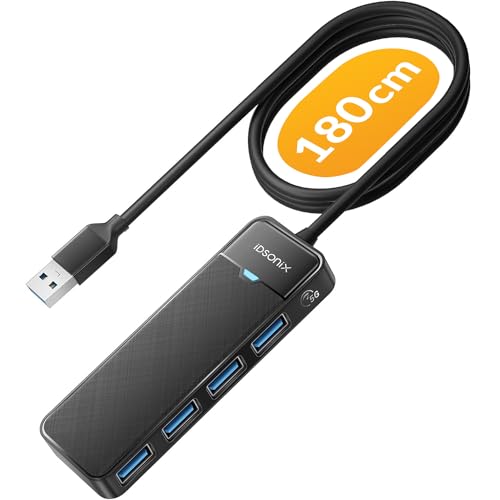 iDsonix USB Hub 3.0 mit verlängertem 180cm Kabel, USB Splitter 3.2 Gen 1 USB Verteiler, 5Gbps USB Erweiterung mehrfach verlängerung für PC, MacBook, iMac, Surface Pro, Laptop, Flash Drive, Mobile HDD von IDSONIX SMART INTERACTIVE