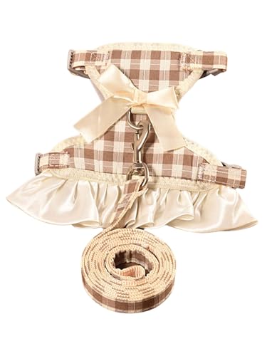 IEFIEL Karo-Fliegen Set für Hunde Komfort-Geschirr für kleine Rassen Ideal für Chihuahua Yorkshire Terrier Braun M von iEFiEL