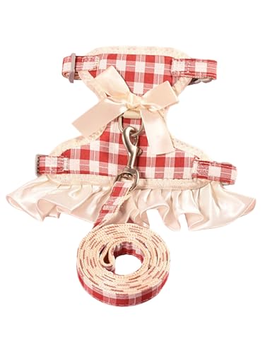 IEFIEL Karo-Fliegen Set für Hunde Komfort-Geschirr für kleine Rassen Ideal für Chihuahua Yorkshire Terrier Rot S von iEFiEL
