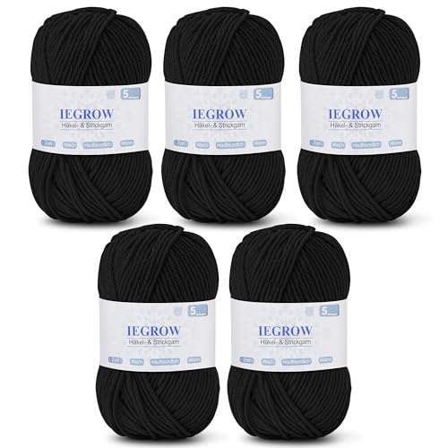 Handstrickgarn 250 g, Häkelgarn, Acrylgarn zum Stricken, Häkelgarn für Anfänger, Geeignet für Stricken, Häkeln und Handarbeiten, Weich und bequem (5 x 50 g) schwarz von iEGrow