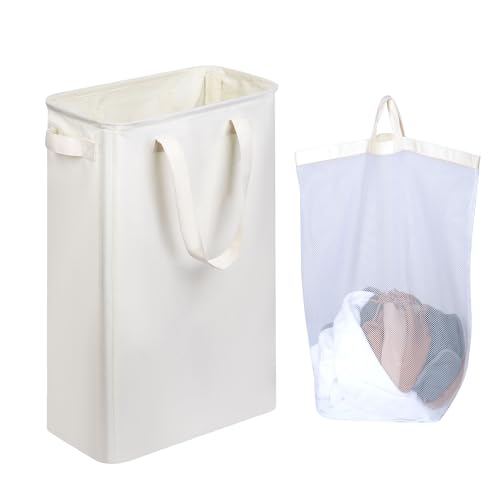 iEGrow Wäschekorb 50l, Wäschesammler Schmal mit Herausnehmbarer und Waschbarer Innentasche, Laundry Baskets mit Griffen für Waschküche, Schlafzimmer, Badezimmer (Beige) von iEGrow