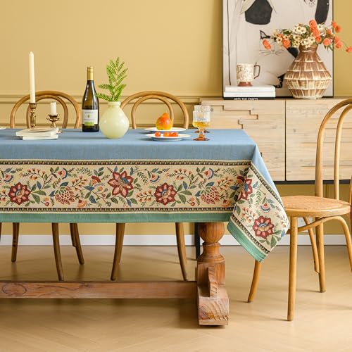 Tischdecke im Landhausstil Dekorative Waschbare Rechteck Tischplatte Rustikale Blumenmotiv Tischdecke für Restaurant Picknick Innen- und Außenbereich (Blau, 140 X 220 cm) von iEventStar