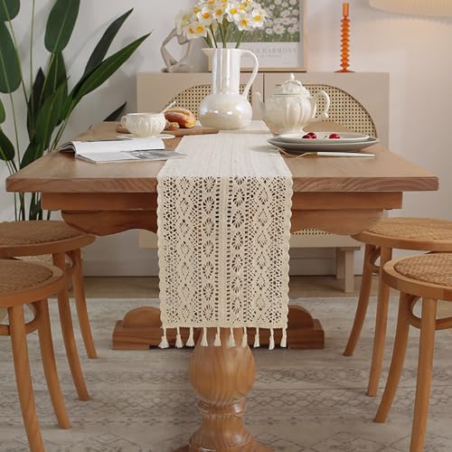 iEventStar Baumwollflachs Tischläufer mit Quasten Makramee Tischläufer Rechteckige Mesh Tischdecke für Küche böhmische Landhausstil Hochzeit Tabletop Dekor (Cremeweiß, 30 x 180 cm) von iEventStar