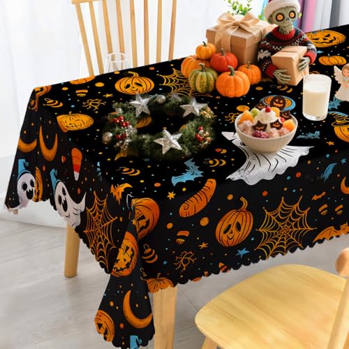iEvery Halloween Tischdecke Abwaschbar, Halloween Kürbis Fledermaus Geist Deko Tischdecke Gartentischdecke Rechteckig Wetterfest Polyester Outdoor Table Cloth für Garten Küche Party 140x180 cm von iEvery