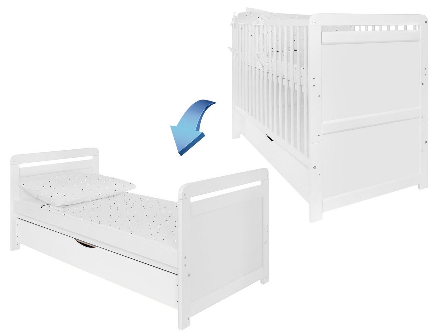 iGLOBAL Babybett Gitterbett 2 in 1 umbaubar zum Kinderbett 120x60 cm aus Kiefernholz, mit Matratze Schublade Lattenrost und Rausfallschutz von iGLOBAL
