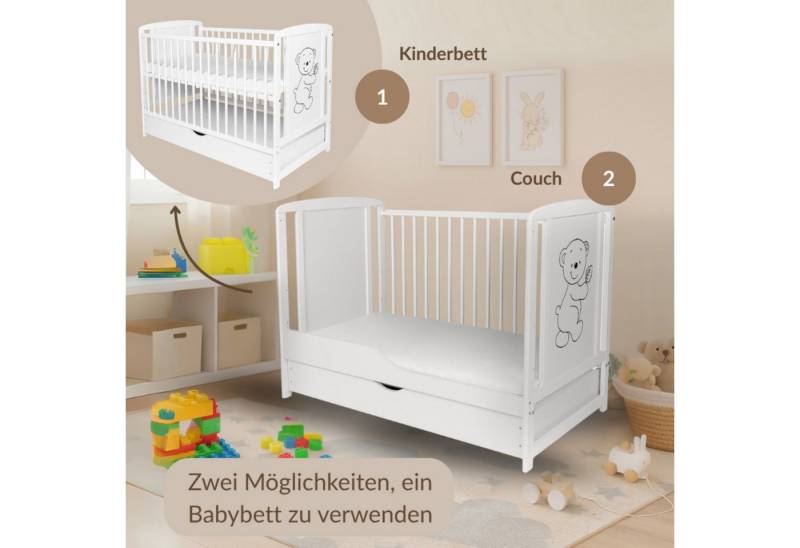 iGLOBAL Babybett Kinderbett 120x60 Weiß umbaubar Gitterbett Schublade Matratze Set, Babybett 3-fach verstellbar Lattenrost Schlupfsprossen Kiefer XXL iGLOBAL Babybett Kinderbett 120x60 Weiß umbaubar Gitterbett Schublade Matratze Set, Babybett 3-fach verstellbar Lattenrost Schlupfsprossen Kiefer XXL von iGLOBAL