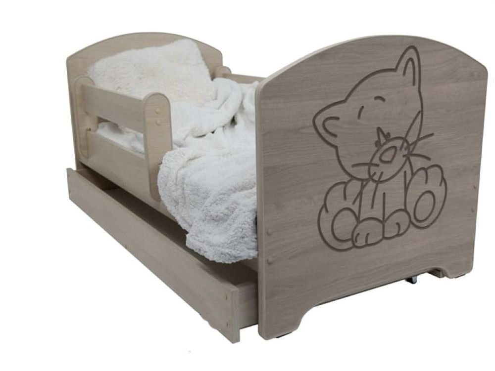 iGLOBAL Kinderbett Komplettbett Eingraviertes Kätzchen 140x70 cm für Mädchen und Jungen (Absturzsicherung (links/rechts) verschieden Varianten), Schaumstoffmatratze, Schublade von iGLOBAL