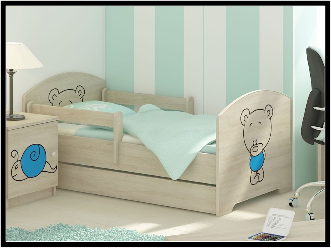 iGLOBAL Kinderbett Komplettbett Eingraviertes Teddybär 140x70 cm für Mädchen und Jungen (Absturzsicherung (links/rechts) verschieden Varianten), Schaumstoffmatratze, Schublade von iGLOBAL