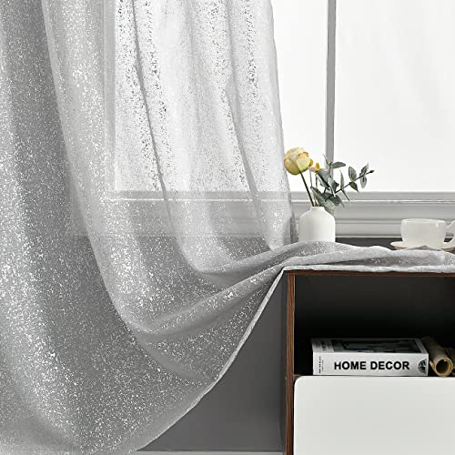 Silber glitzernde durchsichtige Vorhänge 213 cm Länge – metallische Silberfolie Sprühpunkte Glitzer Grau durchsichtige Vorhänge für Schlafzimmer, Ösen Silbergrau Vorhänge für Fenster, 132 x 213 cm, 2 von iHFL