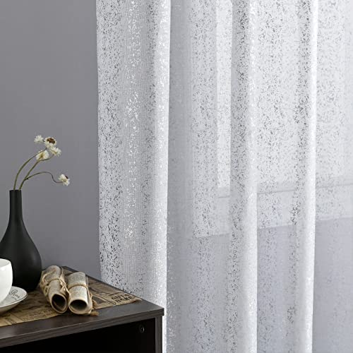 Silberweiße durchsichtige Vorhänge für Schlafzimmer – Metallische Silberfolie glitzernde durchsichtige Vorhänge 160 cm Länge, Ösen glitzernde Vorhänge für Fenster, 132 x 160 cm, 2 Paneele, Silberweiß von iHFL