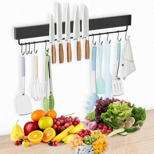iHomara Magnetleiste Messer, 43cm Messerhalter Magnetisch mit 10 Haken, Magnet Messerhalter aus Edelstahl, inklusive Band und Schrauben, Für Küchenmesser, Utensilien und Metallwerkzeuge von iHomara