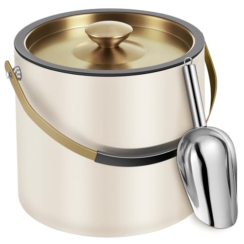 3.2L Moderner isolierter Eiskübel mit Silikondeckel, Tong, Sieb, doppelwandiger Eiskübel aus Edelstahl für Partys & Cocktailbar, ideal als Geschenk(Perlweiß) von iHoo