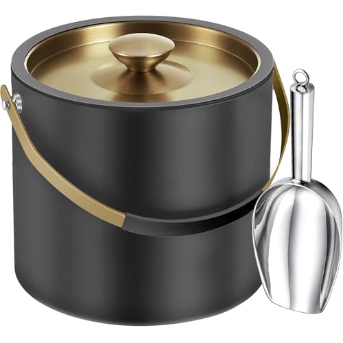 3.2L Moderner isolierter Eiskübel mit Silikondeckel, Schaufel, Sieb, doppelwandiger Eiskübel aus Edelstahl für Partys & Cocktailbar, ideal als Geschenk(Schwarz) von iHoo