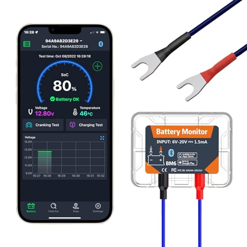 12V Autobatterietester KFZ, Bluetooth 4.0 Batteriemonitor 12V Batterielastprüfer Echtzeit Batterieinformationen anzeigen Geeignet für Android iOS Autobesitzer Wohnmobile Motorräder Boote Autos von iKiKin