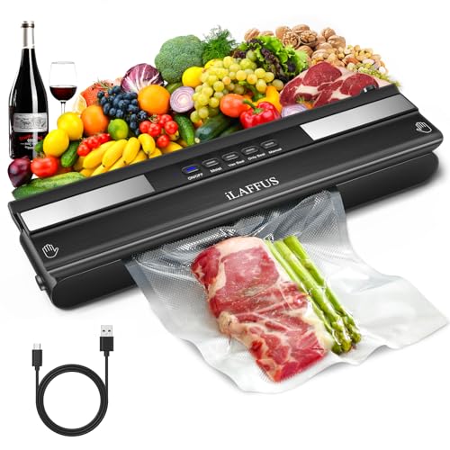 iLAFFUS Kabelloses Vakuumierergerät, Tragbares Wiederaufladbar Vakuumier Sous Vide mit Cutter, Folienschweißgerät für Trockene oder Feuchte Lebensmittel, inkl. 5 Vakuumier-Beutel und Schlauch von iLAFFUS