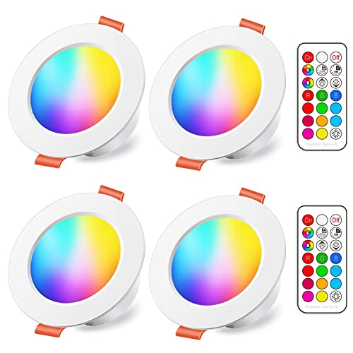 iLC LED Einbaustrahler 8W (ersetzt 60W), RGBW mit Fernbedienung Rund Deckenspots IP44 Warmweiß 2700K Einbauleuchte RGB Farbwechsel Farbige Dimmbare ultra Flach (4er-Pack) von iLC