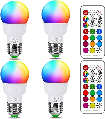 iLC Glühbirne mit Fernbedienung, Äquivalent 40W, Farbwechsel Farbige Leuchtmittel LED Lampe Edison Dimmbare Farbige 2700K Warmweiß, 5W E27 RGB LED Birnen - 12 Farben - (4-er Pack) von iLC