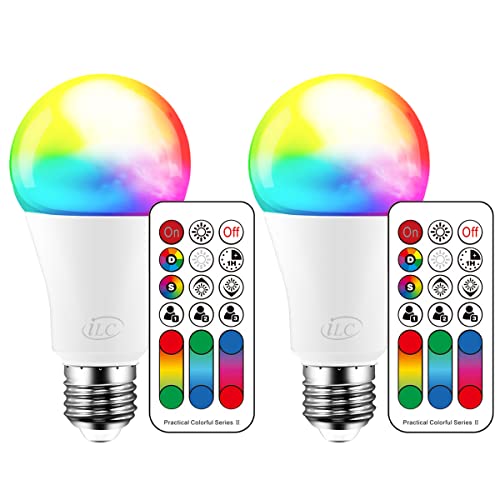 iLC Farbwechselnde LED-Glühbirne, 120 Farben, 70-Watt-Äquivalent, DIY-Blitz, warmweißes 2700K-RGB mit Fernbedienung, LED 10W A60 E27-Schraube (2er-Pack) von iLC