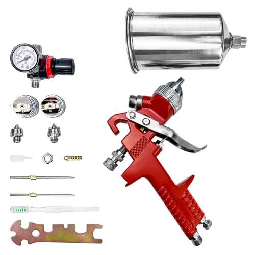 Lackierpistole Spritzpistole, HVLP Lackierpistole Sprühpistole Set mit 3 Düsen 1,4mm 1,7mm 2,0mm Düse, 1000 ml Aluminiumbechern, Farbsprühsystem Spraypistole (Rot) von iMeshbean