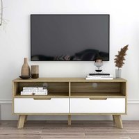 140 cm breite TV Bank in Weiß und Sonoma Eiche zwei Schubladen von iMöbel