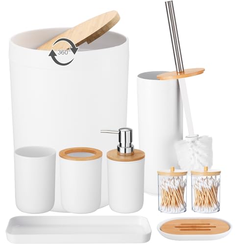 iMucci Badezimmer-Zubehör-Set mit Mülleimer, WC-Bürste, Zahnbürstenhalter, Lotion-Seifenspender, Seifenschale, Zahnbürstenbecher, Qtip-Halter (8 weiße Bambusabdeckung) von iMucci