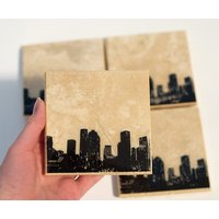 Houston Skyline Coaster Set | 4 Stein Untersetzer, Schwarz & Weiß Stadtbild Home Decor von iNKthePRINT