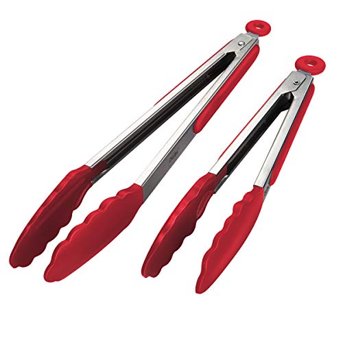 iNeibo Grillzange Küchenzange Zange Küche aus Rostfreim Edelstahl und Silikon Fleischzange Kochzange mit Hitzebeständigem Silikongriff 2er Set 30cm und 23cm Rot von iNeibo