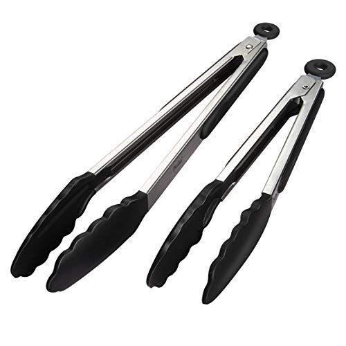 iNeibo Grillzange Küchenzange Zange Küche aus Rostfreim Edelstahl und Silikon Fleischzange Kochzange mit Hitzebeständigem Silikongriff 2er Set 30cm und 23cm Schwarz von iNeibo