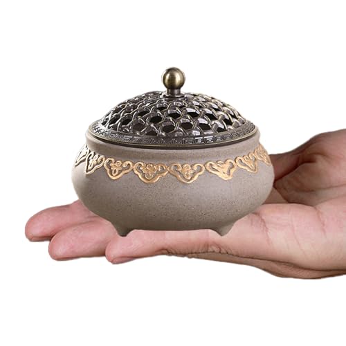 Vintage Keramik Räuchergefäß Weihrauchbrenner Räuchergefäß Räucherstäbchenhalter Halter Rund Chinesisch Porzellan Räucherschale mit Feuerfeste Matte Metall Deckel für Meditationsraum Home Deko von iNelihoo