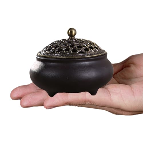 Vintage Keramik Räuchergefäß Weihrauchbrenner Räuchergefäß Räucherstäbchenhalter Halter Rund Chinesisch Porzellan Räucherschale mit Feuerfeste Matte Metall Deckel für Meditationsraum Home Deko von iNelihoo