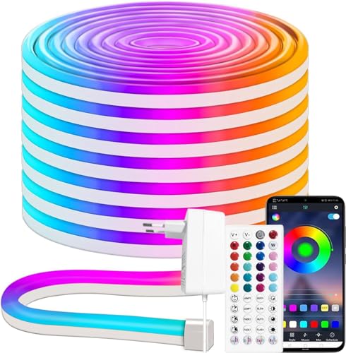 iNextStation 5M RGB Neon LED Strip, 12V LED Neon Streifen mit APP Controller, Fernbedienung IR, Musik Sync IP65 Wasserdicht Flexibel Silikon Lichtstreifen für Schlafzimmer Haus Küche, Mit Netzadapter von iNextStation