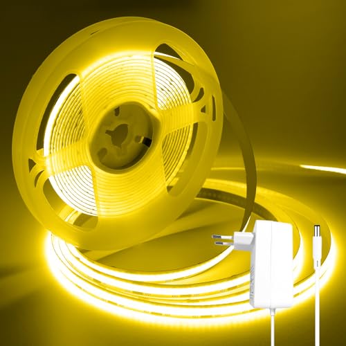 iNextStation COB LED Streifen 5M Gelb, DC12V Dimmbar LED Strip Lights mit Netzadapter Flexibel CRI93+ Lichtband Selbstklebend für Schlafzimmer, TV Hintergrundbeleuchtung, Küche von iNextStation