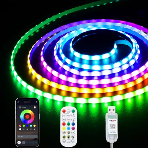 iNextStation RGB Smart IC USB COB LED Streifen 2m, 5V RGBIC LED Strip Dimmable mit Musik Sync APP Steuerung Timer-Einstellung, Multicolor Flexible Tape Licht für TV Party Bar Zimmer DIY Deko von iNextStation