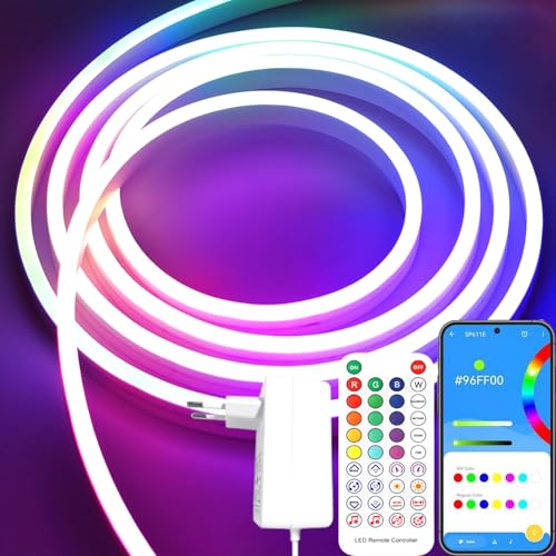 iNextStation RGBIC LED Strip 5M, 12V Neon LED Streifen mit Netzteil App Steuerung, Musik Sync, Flexibel Wasserdicht Led Leiste Silikon Lichtband für Schlafzimmer, Wohnzimmer, Spielzimmer Deko von iNextStation