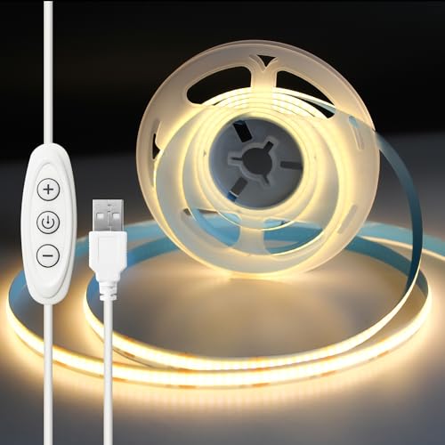 iNextStation USB 5V COB LED Streifen Warmweiß, 2M/640LEDs Dimmbar LED Strip Lights Flexibel CRI93+ TV Hintergrundbeleuchtung Lichtband für Schlafzimmer, Kleiderschrank, Treppe, DIY Heimdekoration von iNextStation