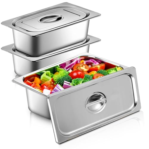 iPalamila Edelstahl behälter Set of 3 GN 1/3 Containers, 32.5 x 17.5 x 6.5 cm Breading Set for Chops, Gastronorm Containers Stainless Steel with Lid, Cutlets Meat Fish Metal Breading Road Rectangular von iPalamila