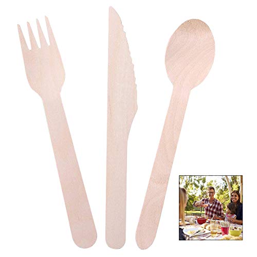 iPobie 100 Stücke Einwegbesteck Set, Hölzerne Besteck Set 100% Biologisch Abbaubar Holzbesteck, Einweggeschirr Set Einweg Holzbesteck für Grillen, Hochzeit, Picknick, Party, Büro von iPobie