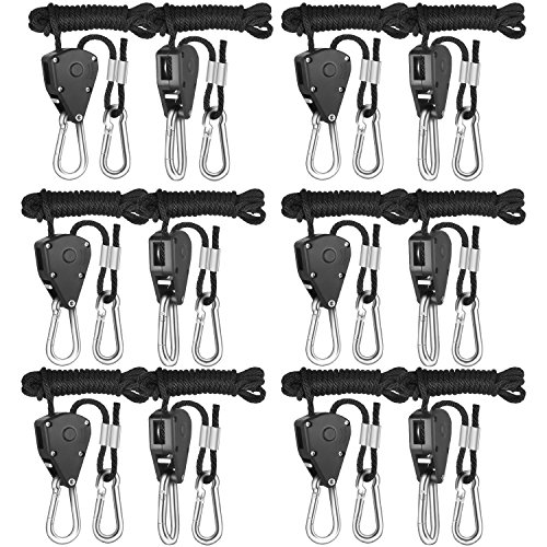iPower 1/8" 6-Paar Seil Ratsche mit Haken, Seil Ratsche Kleiderbügel Aufhänger für Hängende Zelt Wachsen Pflanze Lampe, 150lb Kapazität Pro Paar, Schwarz von iPower