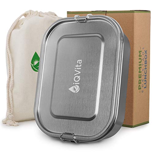iQVita Brotdose Edelstahl - 1400ml - 100% Auslaufsicher - Lunchbox Edelstahl - Mit Fächern - Für Kinder und Erwachsene - inkl. Trennwand, Ersatzdichtung & Baumwollbeutel von iQVita