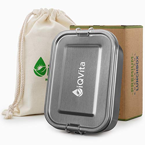iQVita Brotdose Edelstahl - 800ml - 100% Auslaufsicher - Lunchbox Edelstahl - Mit Fächern - Für Kinder und Erwachsene - inkl. Trennwand, Ersatzdichtung & Baumwollbeutel von iQVita