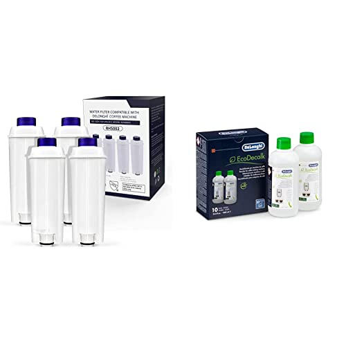 Wasserfilter für Delonghi Kaffeemaschinen DLSC002, Aktiv Kohle Weichspüler, Kompatibel mit Delonghi ECAM, Esam, ETAM, BCO, EC. (4er Pack) & De'Longhi Original EcoDecalk DLSC502 - Entkalker, 2x500ml von iRhodesy